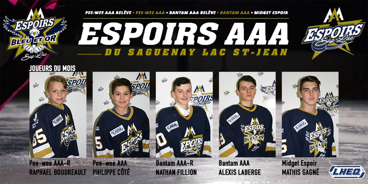 JOUEUR DU MOIS | Voici les joueurs du mois de février de nos cinq équipes. 🏒

- Pee-wee AAA-Relève : Raphael Boudreault
- Pee-wee AAA : Philippe Côté
- Bantam AAA-Relève : Nathan Fillion
- Bantam AAA : Alexis Laberge
- Midget Espoir : Mathis Gagné

Félicitations à nos méritants!