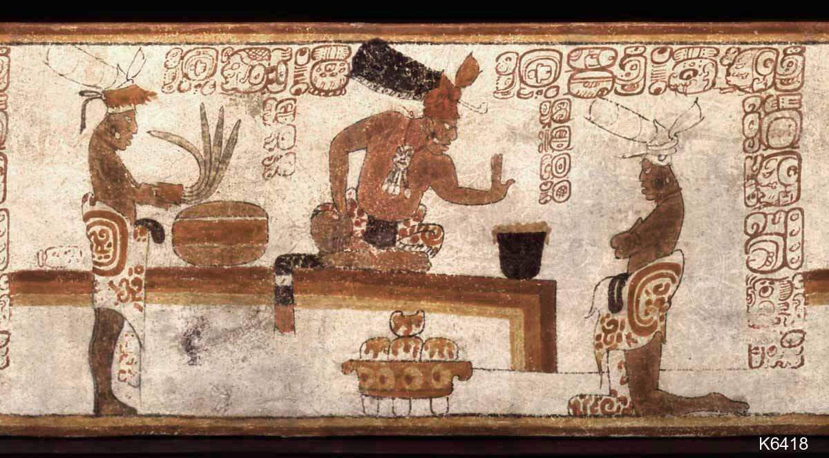 What's that delicious frothy drink on the bench beside this Maya ruler? Why its chocolate of course!Theobroma cacao is native to the Americas and was consumed in the form of a spicy beverage by the Maya elite long before it became a Hershey's Chocolate bar. 1/8