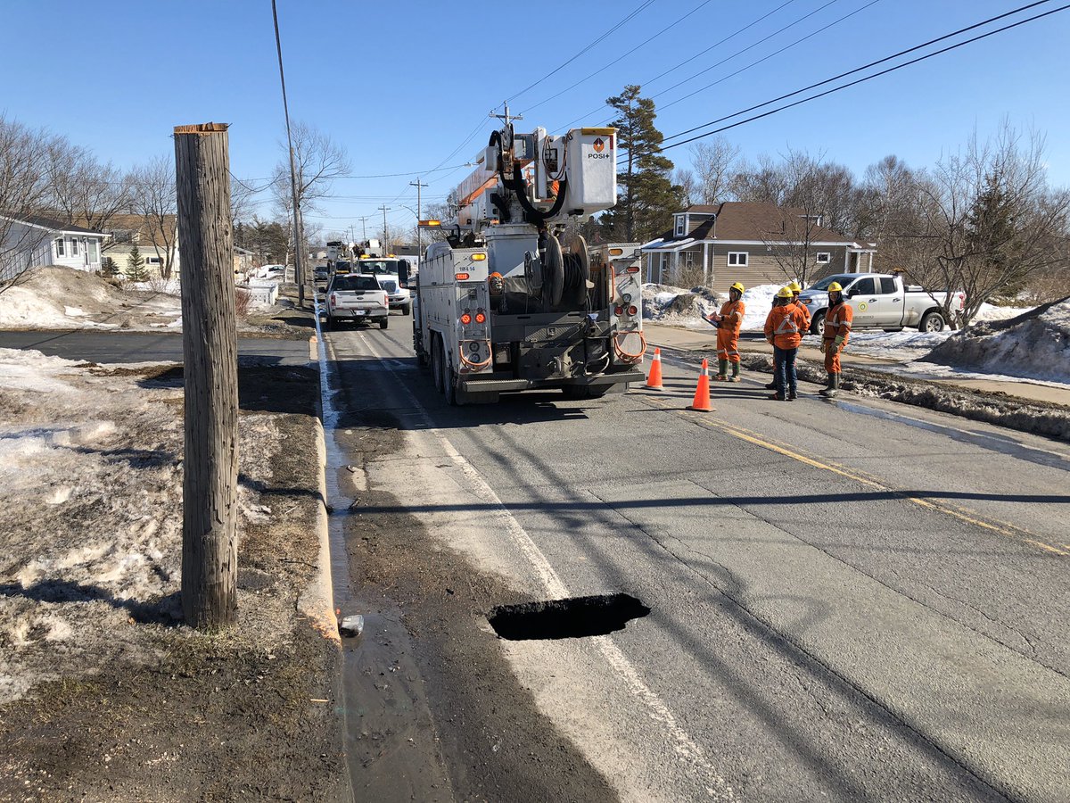 tomayers2262's tweet photo. Small sinkhole opened up by curb on Dominion Street, Reserve Mines. Officials say it’s about 4 metres deep. Appears to be subsidence from old bootleg coal mine, but sewer line is broken, so it could be just a pothole that broke bad. Road blocked, but expected to reopen tonight. https://t.co/g24hutMR1d