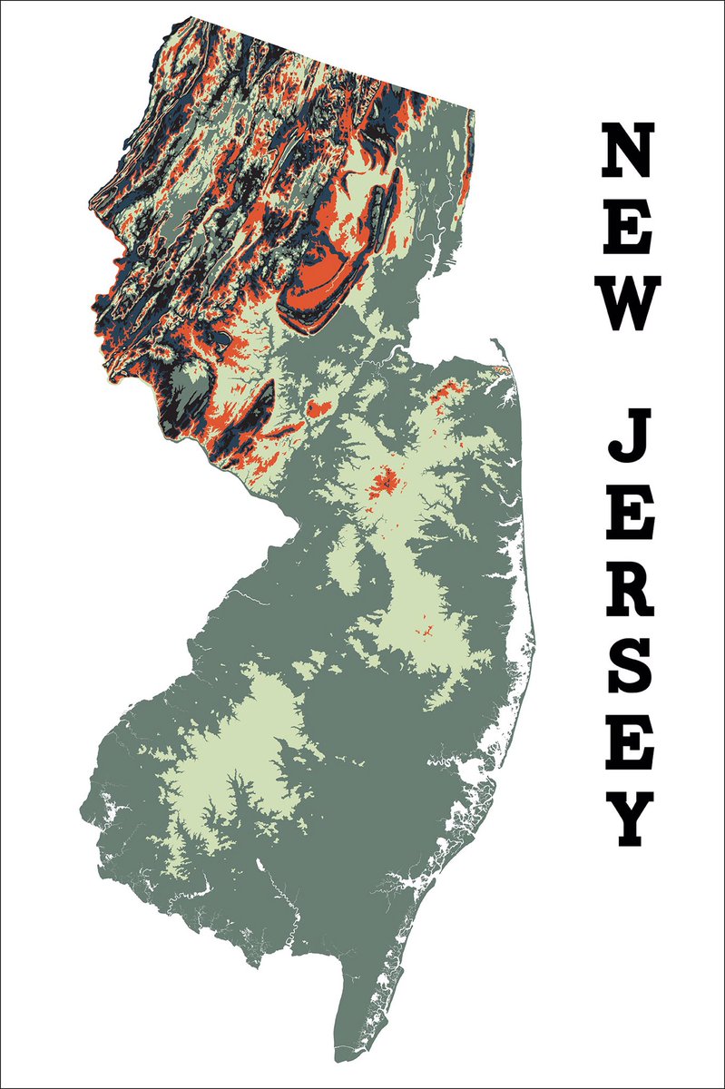 Artistic #map of the topography of #NewJersey. 100 ft contours, 5 repeating colors. Find more states at beatnikprints.com/state-wide-maps