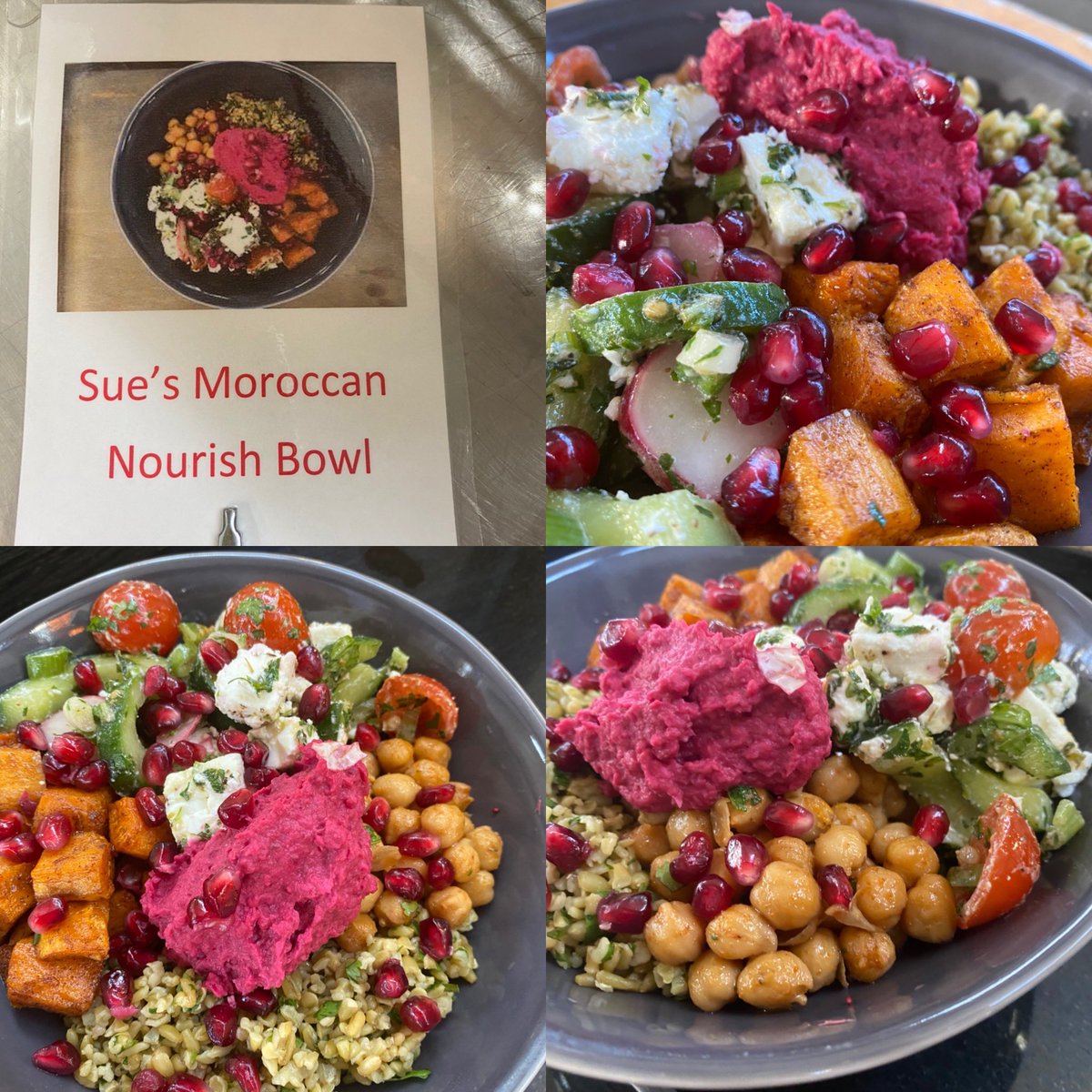 SueLovejoy2's tweet photo. This weeks #innovation , cumin roasted sweet potato, harissa chickpeas, mint feta salad , herby freekeh and beetroot hummus , with pomegranate sprinkled on top! #bowlfood @DanielCollier84 @VegaPatricia16 @bev_lusty @DamianBlake4 @GaryFox88 @mess_hallPC https://t.co/JT72x8zWXk
