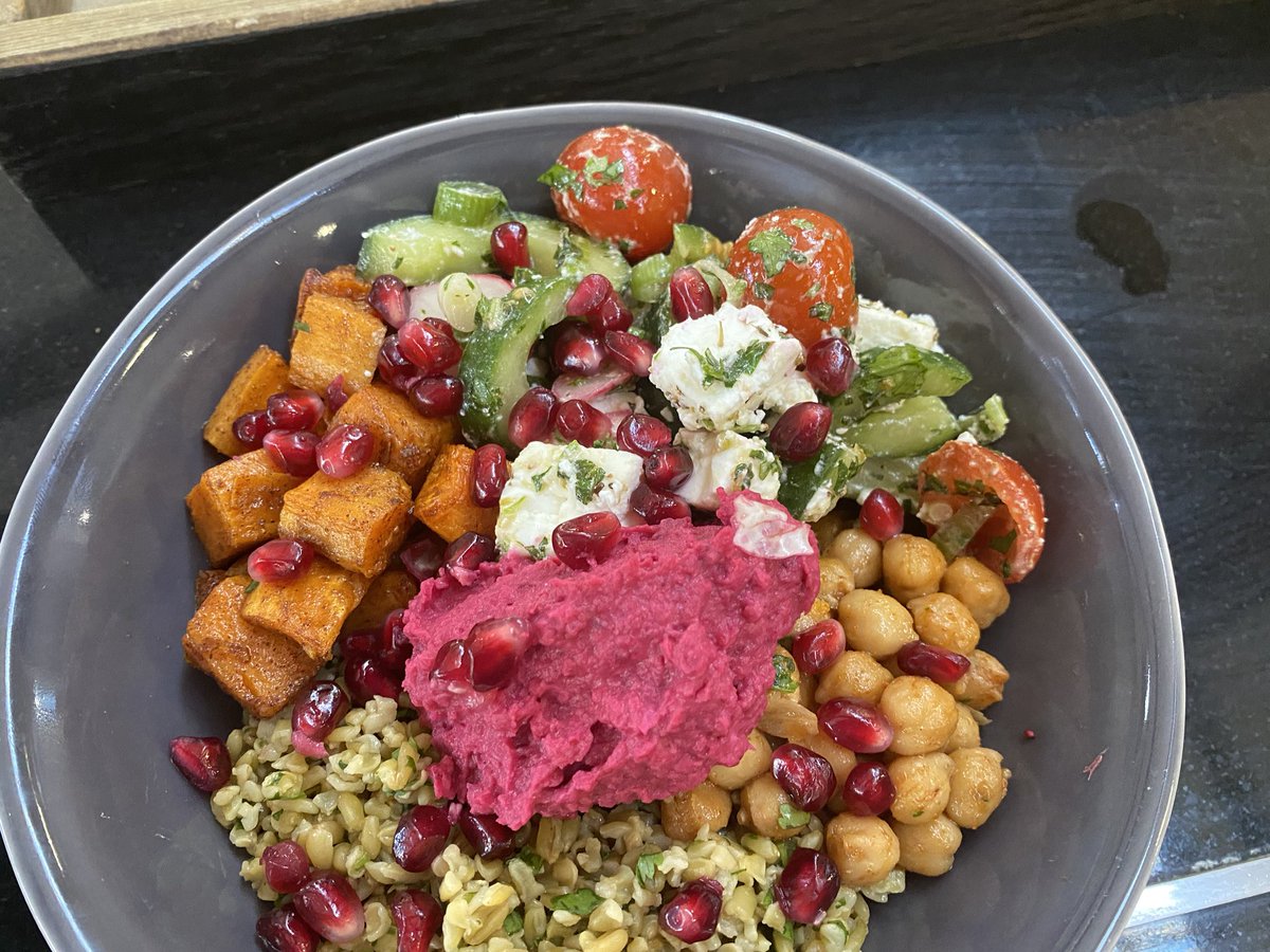 SueLovejoy2's tweet photo. This weeks #innovation , cumin roasted sweet potato, harissa chickpeas, mint feta salad , herby freekeh and beetroot hummus , with pomegranate sprinkled on top! #bowlfood @DanielCollier84 @VegaPatricia16 @bev_lusty @DamianBlake4 @GaryFox88 @mess_hallPC https://t.co/JT72x8zWXk