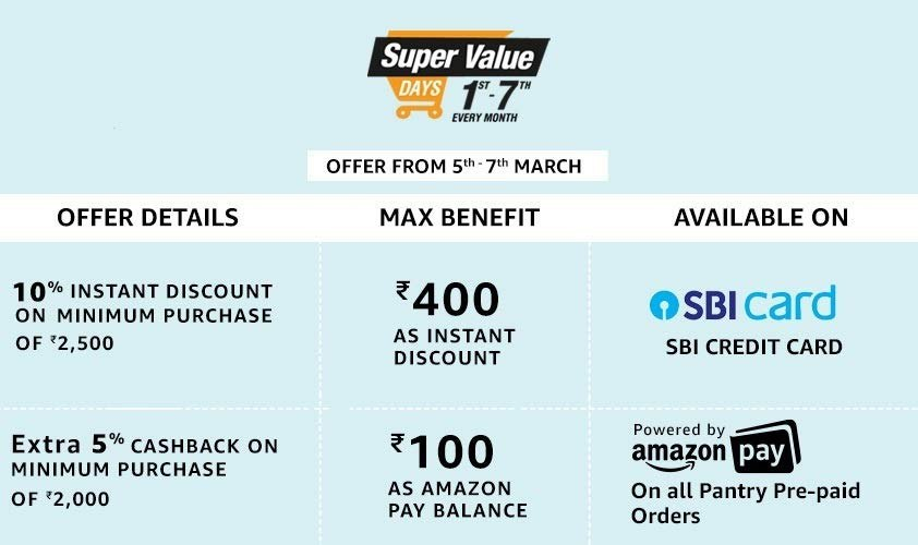 dealsandalert's tweet photo. 🎁 #shop on #AmazonPantry worth Rs 2500 or more using SBI CREDIT CARD and get 10% #InstantDiscount, max of Rs 400. 
applicable on #SuperValueDays  #grocery #Store on #Amazon

+ Extra 5% Off on All #Prepaid Order as #AmazonPay above Rs. 2000/- (Max 100/-)

https://t.co/UeuMtOULzL https://t.co/vqQ7AG5ZyL