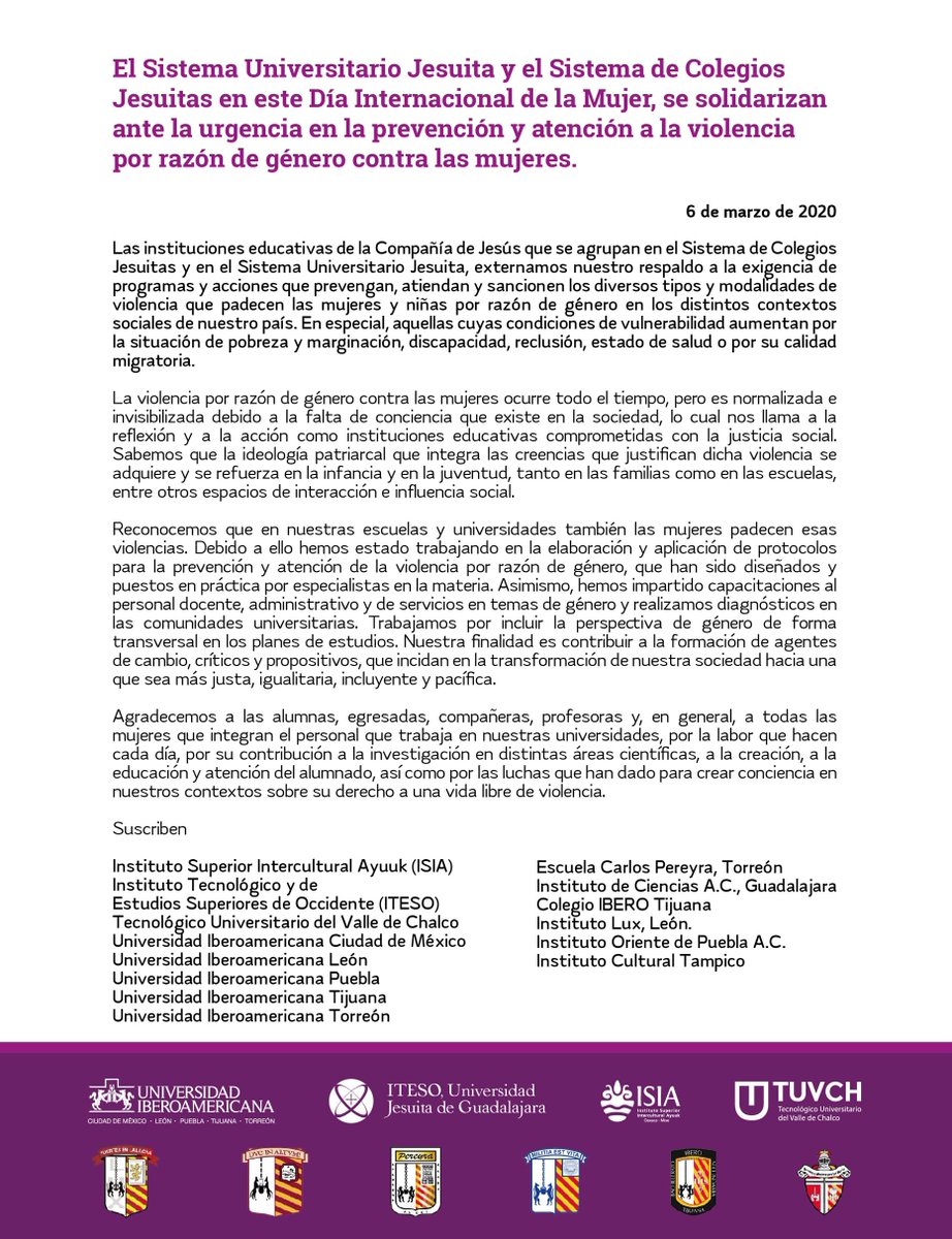 #Comunicado #DíaInternacionalDeLaMujer
Las instituciones educativas de la Compañía de Jesús se solidarizan ante la urgencia en la prevención y atención a la violencia por razón de género contra las mujeres. https://t.co/U85AhBimgl
