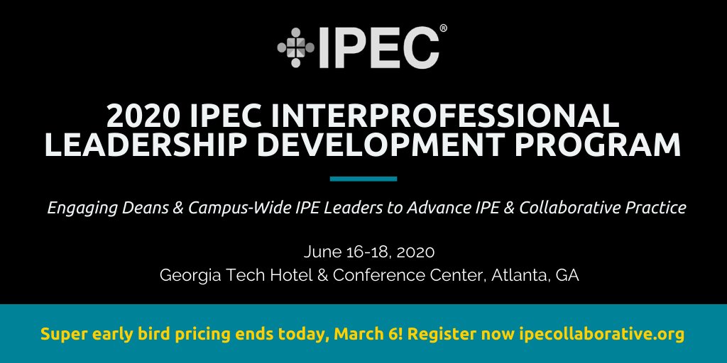 ipec_org's tweet image. HURRY! Super early bird discount for #IPECILDP20 ends today Friday, March 6, so book now to save up to $200!

This unique program engages senior leaders &amp;amp; administrators responsible for campus-wide #IPE &amp;amp; #collaborativepractice programs.

Register: bit.ly/ipecildp20