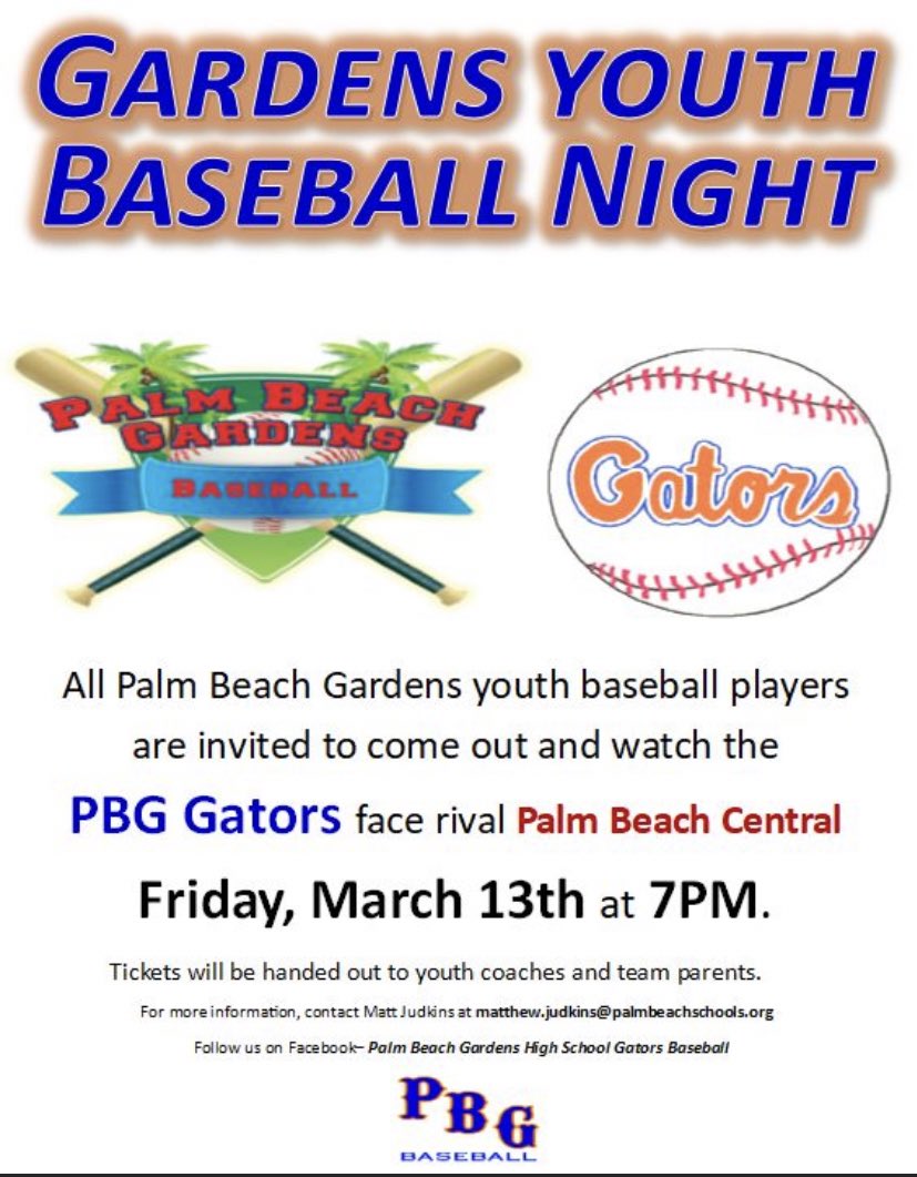Come out and join us next Friday (3/13) as we take on district rival Palm Beach Central! 🐊⚾️ PBG youth players get in free- hope to see a ton of future Gators! <a href="/pbphighschools/">Post on High Schools</a> <a href="/palmbeachpost/">Palm Beach Post</a> <a href="/JRWagner5/">Jodie Wagner</a>