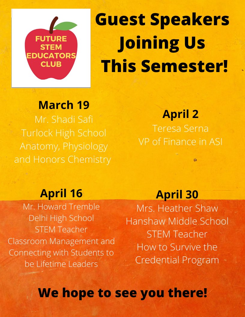 stem_future's tweet photo. Here’s what our upcoming events look like! We have guest speakers starting at our next meeting (3/19) all the way through April! We hope to see you there! https://t.co/V3ZKXDUVXM