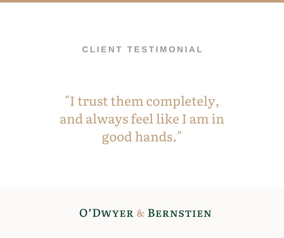 ODwyerLaw's tweet photo. "I highly recommend O'Dwyer &amp; Bernstien. The attorneys in this practice that I have worked with over the years are sharp, experienced, personable, and truly care about their clients. I trust them completely, and always feel like I am in good hands."
- Robyn H.
#ClientFocused https://t.co/s9AvZwbnqm
