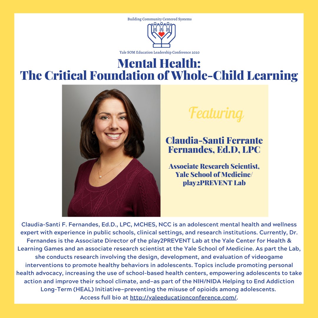 We are excited to welcome <a href="/DrClaudiaSantiF/">✨DR CLAUDIA FERNANDES✨ (she/her)</a>, Associate Research Scientist, <a href="/YaleMed/">Yale School of Medicine</a> <a href="/play2PREVENT/">play2PREVENT Lab</a> at #2020ELC to discuss "Mental Health: The Critical Foundation of Whole Child Learning." #mentalhealth #yale #community #education