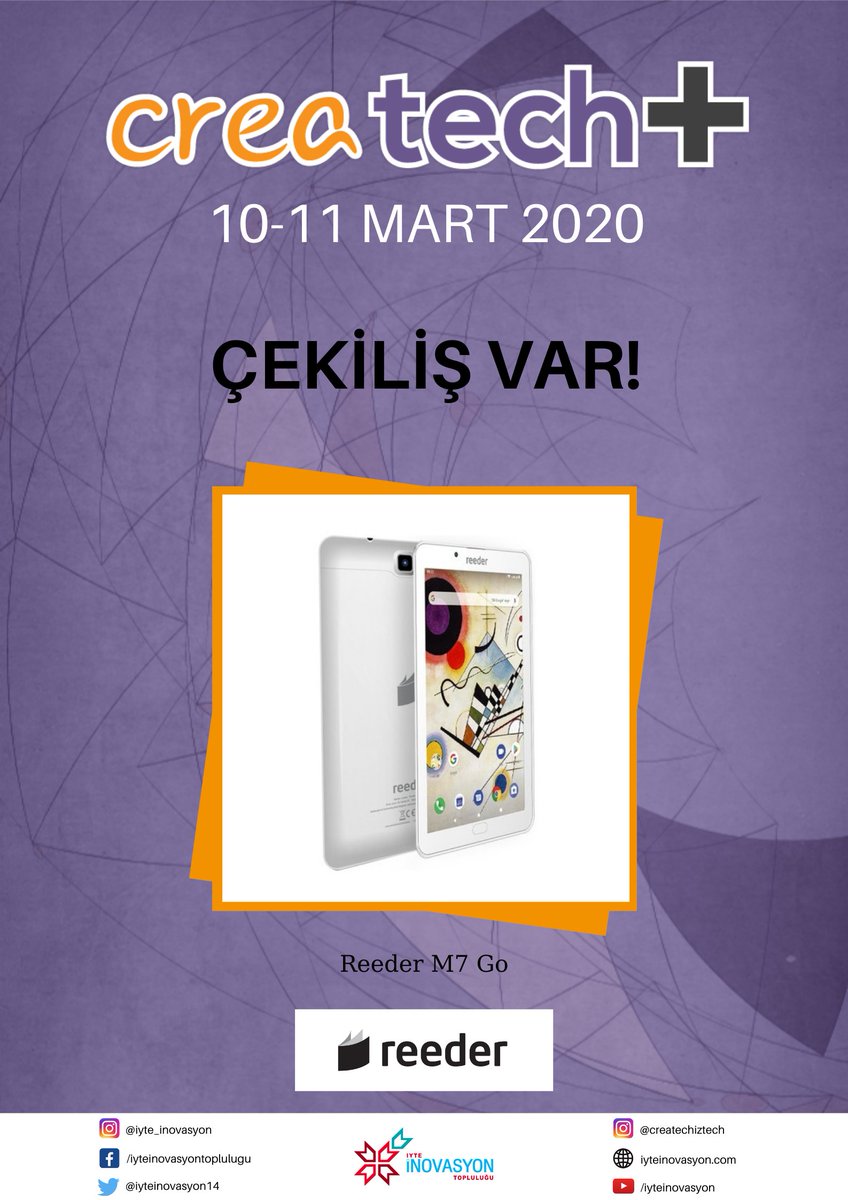 iyte_inovasyon's tweet photo. BİR KİŞİYE TÜRKİYE'NİN EN ÇOK SATAN TABLETİ REEDER M7GO HEDİYE! 🎉
Türkiye’ye ilk e-kitap okuyucuyu getirerek pazar lideri olan reeder, CreaTECH+ VI etkinliğimizde, fuaye alanımızda stant kuracak. Etkinlik günü Reeder standına uğrayarak çekilişe katılabilirsiniz. #createchiztech https://t.co/BvwLlGuQdM
