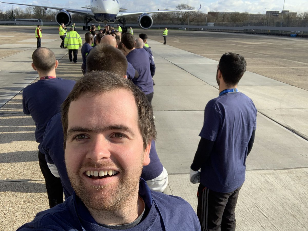 RhodDawes's tweet photo. Pulling planes for fun! Part of a team that set a Guinness World Record all in aid for sport relief. Now in the big book . Top effort all involved #A350 #SportRelief2020 #randomfridays https://t.co/zrVq91plYU