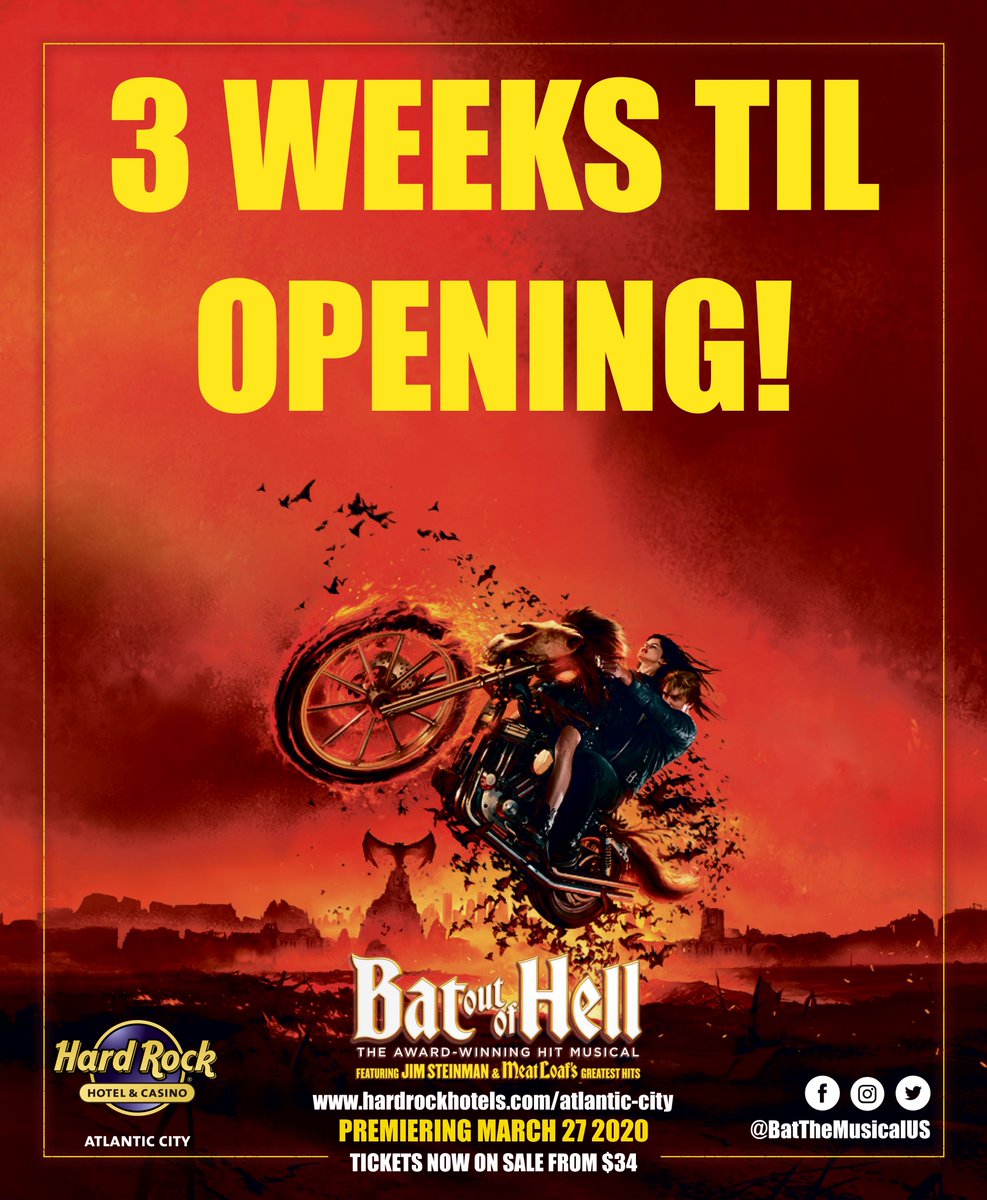 Get all revved up, Bat Out of Hell - The Musical opens in exactly THREE WEEKS at Hard Rock Hotel &amp; Casino Atlantic City (<a href="/HardRockHCAC/">Hard Rock Atlantic City</a>)! 

Tickets going fast - get yours before before they're gone, gone gone! 

🔥🔥🔥

hardrockhotels.com/atlantic-city/…