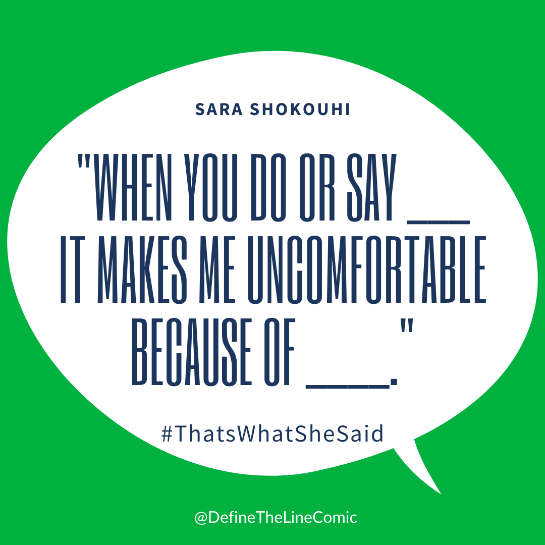 Define_theLine's tweet photo. "In a workplace, with someone close to me, or with someone I can stop and have a dialogue with, I try to practice the act of empathy and awareness."  - @Sarayoz 

#THATSwhatshesaid https://t.co/sX111w0qVL