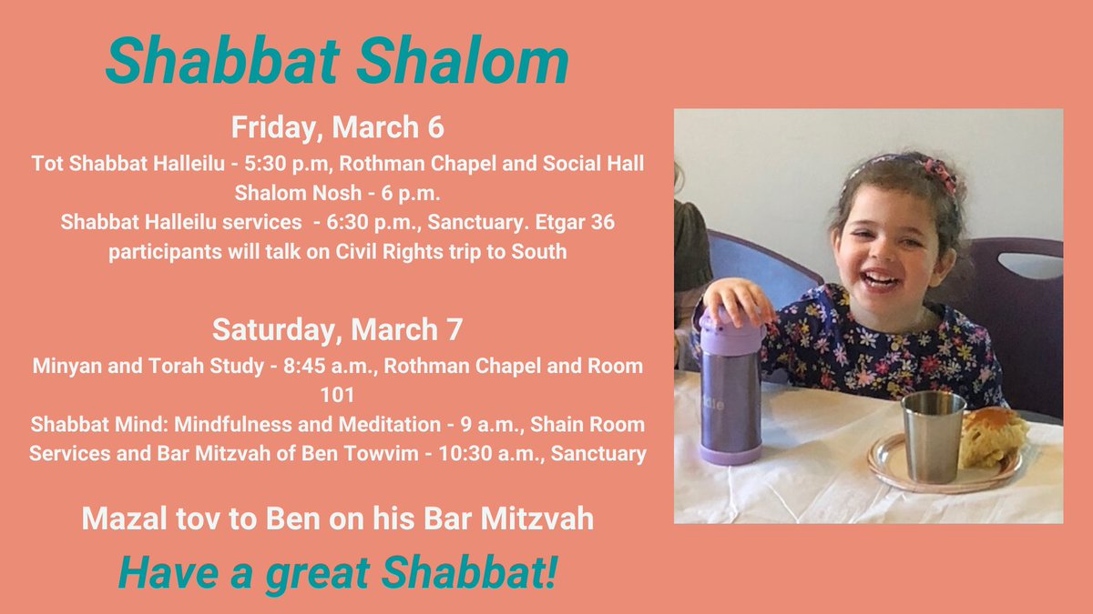 Another great Shabbat coming to Temple Shalom. See you tonight for reflections by participants of the recent Civil Rights trip to the south.