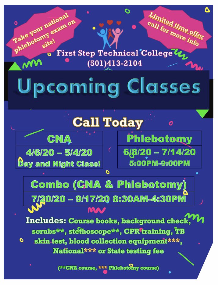 FirstStepTech's tweet image. We offer payment arrangements and accept funding! #CNA #Phlebotomy #Scrublife #medtwitter #edutwitter #FirstStepTechnicalCollege #NLR #LittleRock #education #Training #Arkansas