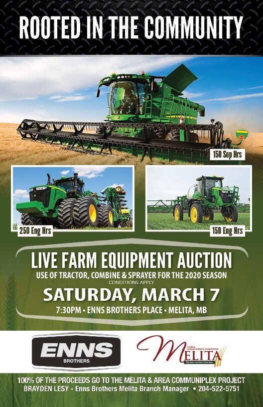 Don’t forget about the Grand Opening and auction tomorrow night at 7:30 at Enns Bros Place in Melita. All proceeds in support of the Melita and Area Communiplex Project.