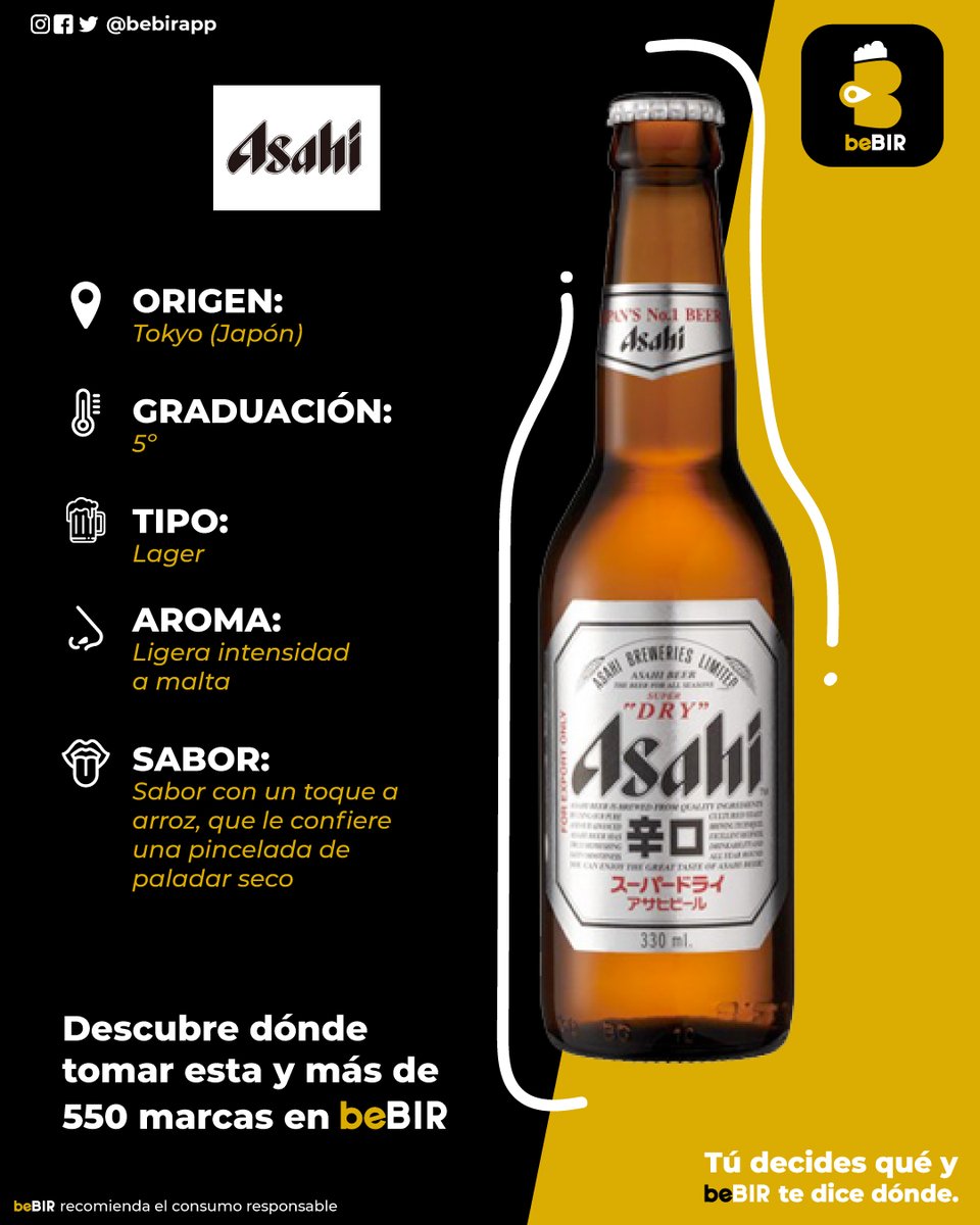 bebirapp's tweet photo. Descubre la cerveza @asahibeer_jp y más de 550 #cervezas
en #beBIR Te contamos:
📍Origen 📶Graduación 🍺Tipo 👃Aroma 👅Sabor
#beBIR #app #cerveza #filtros #cervezaartesanal #glutenfree #singluten #billar #beer #lager #ipa https://t.co/smAQ8wNXlQ