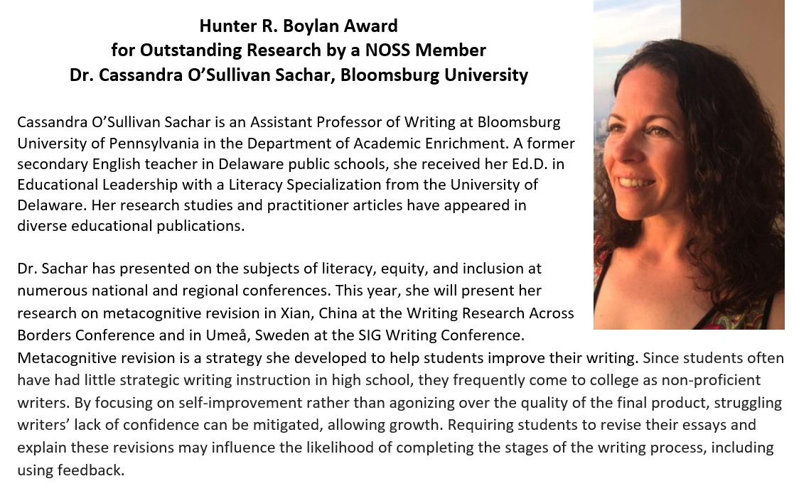 NOSSbuzz's tweet photo. Hunter R. Boylan Award for Outstanding Research by a NOSS Member honors recently completed non-thesis/dissertation research by a NOSS member in published or unpublished form. This year's winner is Dr. Cassandra O’Sullivan Sachar, Bloomsburg University. #NOSS2020 https://t.co/82LU9RA7S4