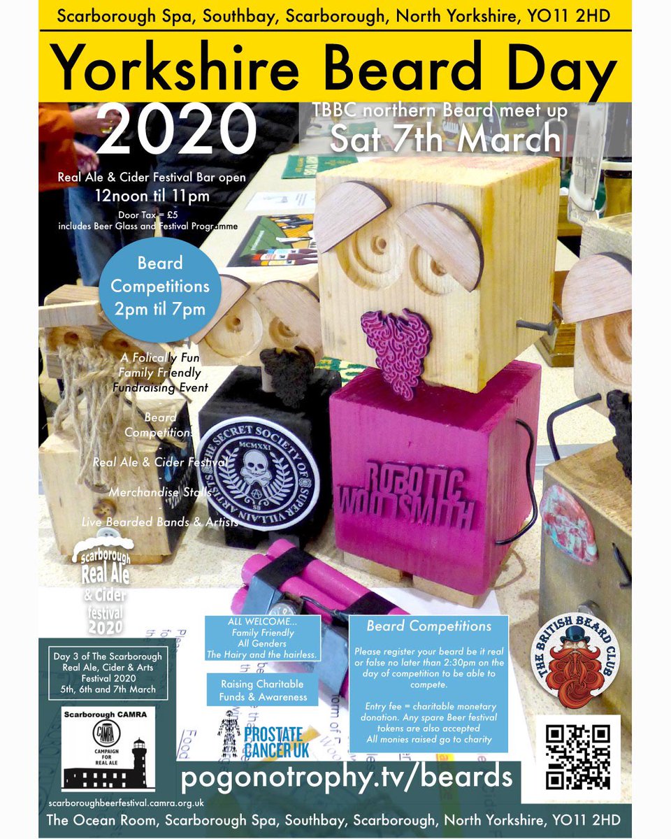 Yorkshire Beard Day 2020 is on March 7 - Tomorrow!
The Scarborough CAMRA Real Ale, Cider &amp; Arts Festival &amp; The British Beard Club Beard Competition takes place in The Ocean Room, Scarborough Spa, Southbay, Scarborough.
Photo: Poster showing Trophy Bots from the Robotic_Woodsmith