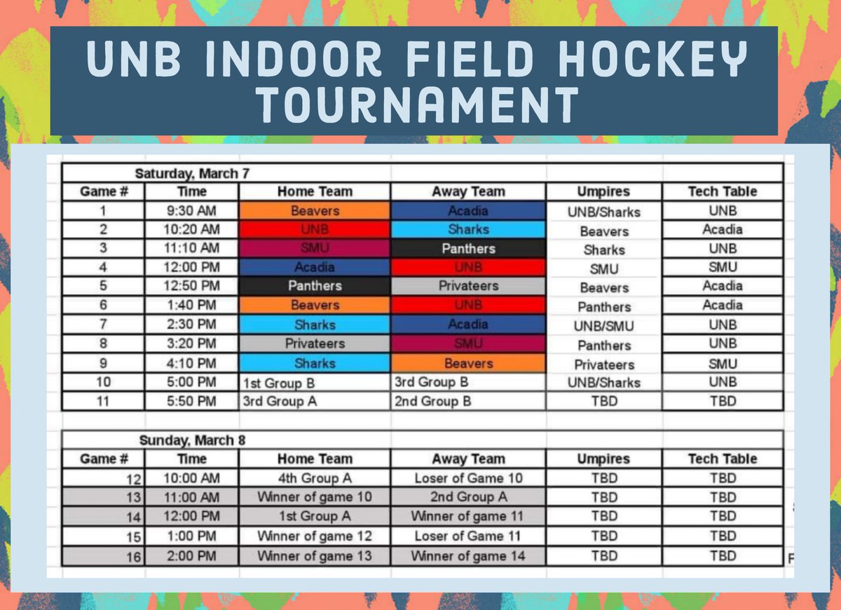 Wishing good luck to all our players participating in UNB Indoor Field Hockey Tournament this weekend.