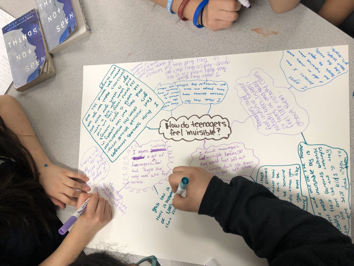 PattyTeachesEm's tweet photo. 7th graders at @LaraAcademy “blogging” in response to one of the questions they got from #ThingsNotSeen How do teenagers feel invisible? #Reading #Literacy #LiteratureCircles https://t.co/ouWhTkH0I2