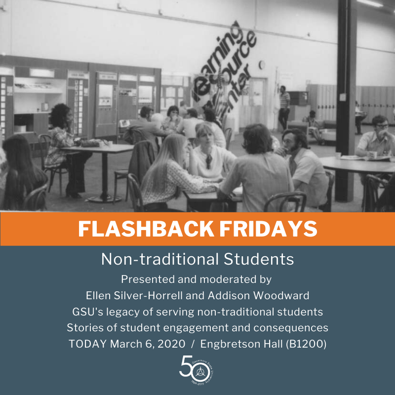 GSUFoundation's tweet photo. Flashback Friday is happening today, with the topic of Non-traditional Students and how that has played a big part in GSU's history. Join the discussion!

#FlashbackFridays #GovState50th https://t.co/lNNgqtmT3w