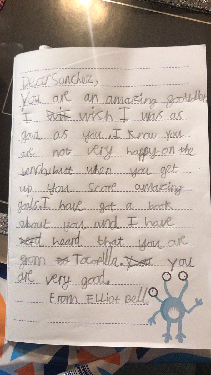 loubell1980's tweet photo. @Alexis_Sanchez my 7 year old son has just read a book about your career and wanted to send you this letter https://t.co/SbN6FGKHnB