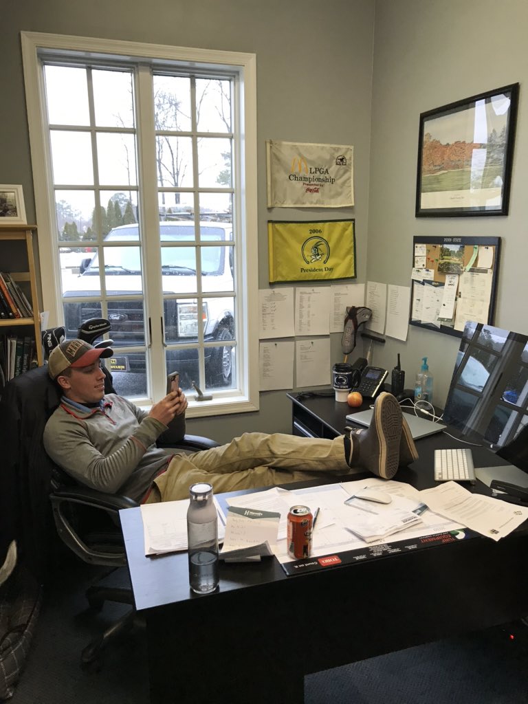 PSUTurf02's tweet photo. @tbloom_golf @gjrinehart @JasonWildt721 Not sure what happened. Today I asked him to take the lead on starting our course blog. Left for a half hour and came back to this!  In my chair, feet up, and on his phone. Said he was blogging 🤷🏻‍♂️ 🤦‍♂️ https://t.co/xnKvxr1irg