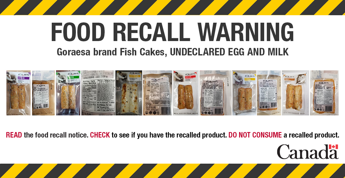 The recall issued on February 14, 2020, has been updated to include additional products. PK Trading Inc. is recalling Goraesa brand Fish Cakes from the marketplace because they may contain egg and milk which is not declared on the label. 

bit.ly/2PTXlsv