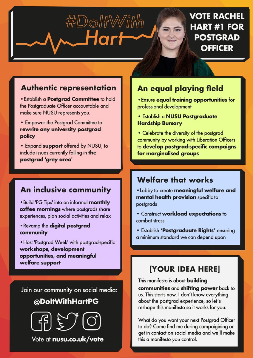 DoItWithHartPG's tweet image. I’m Rachel Hart, and I’m standing to be your next Postgraduate Officer. I’ve been a student at Newcastle for 5 years, and have been a postgrad for the last 2, studying an MPhil in Marine Science. 

This is our learning, our welfare, our community, and our future.

#DoItWithHart