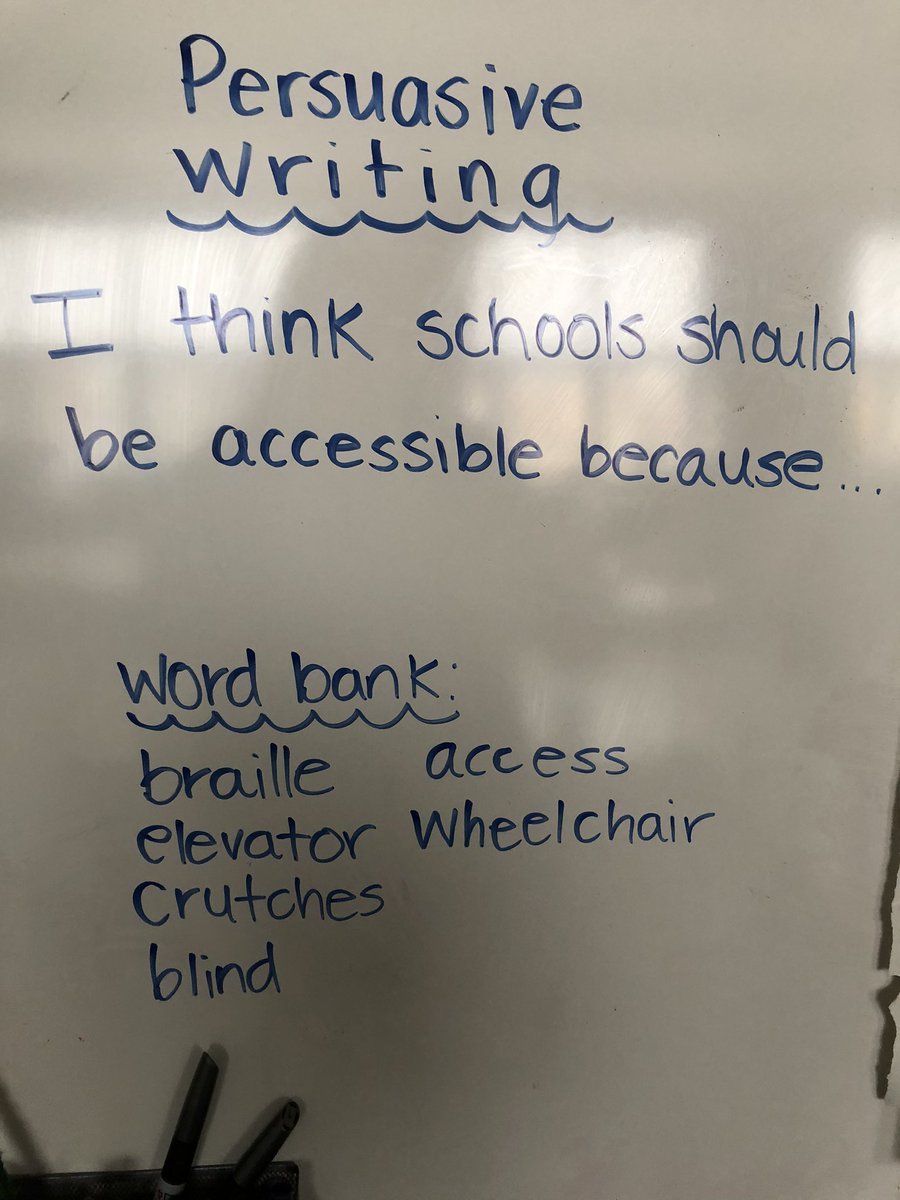 SuperOgden's tweet photo. This week, after reading a story that featured a character with a cane, Room 11 discussed accessibility. Students did some persuasive writing on how our school is currently accessible as well as how it could be more accessible. @TDSB_Ogden https://t.co/Uymcri4mJp