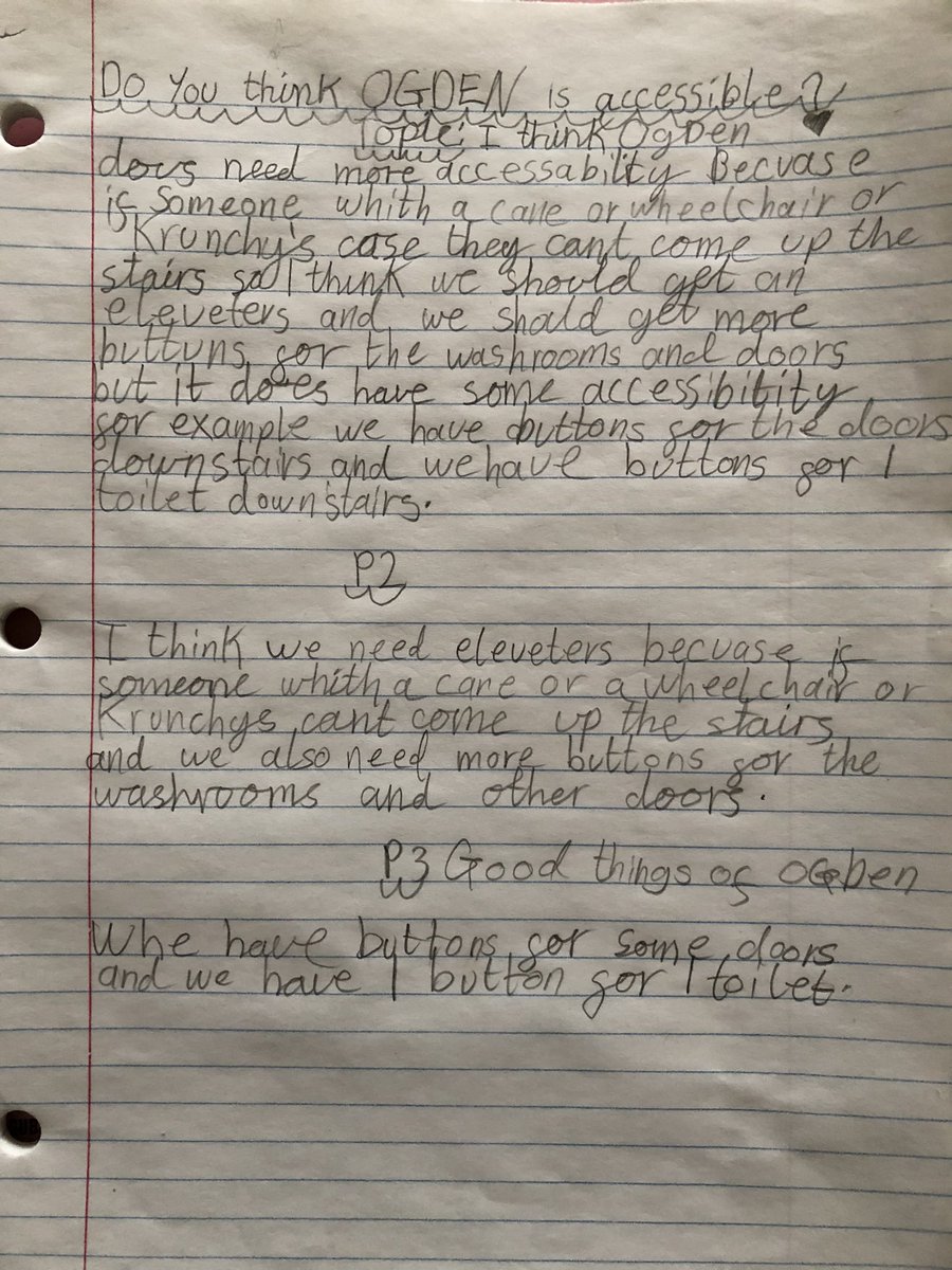 SuperOgden's tweet photo. This week, after reading a story that featured a character with a cane, Room 11 discussed accessibility. Students did some persuasive writing on how our school is currently accessible as well as how it could be more accessible. @TDSB_Ogden https://t.co/Uymcri4mJp