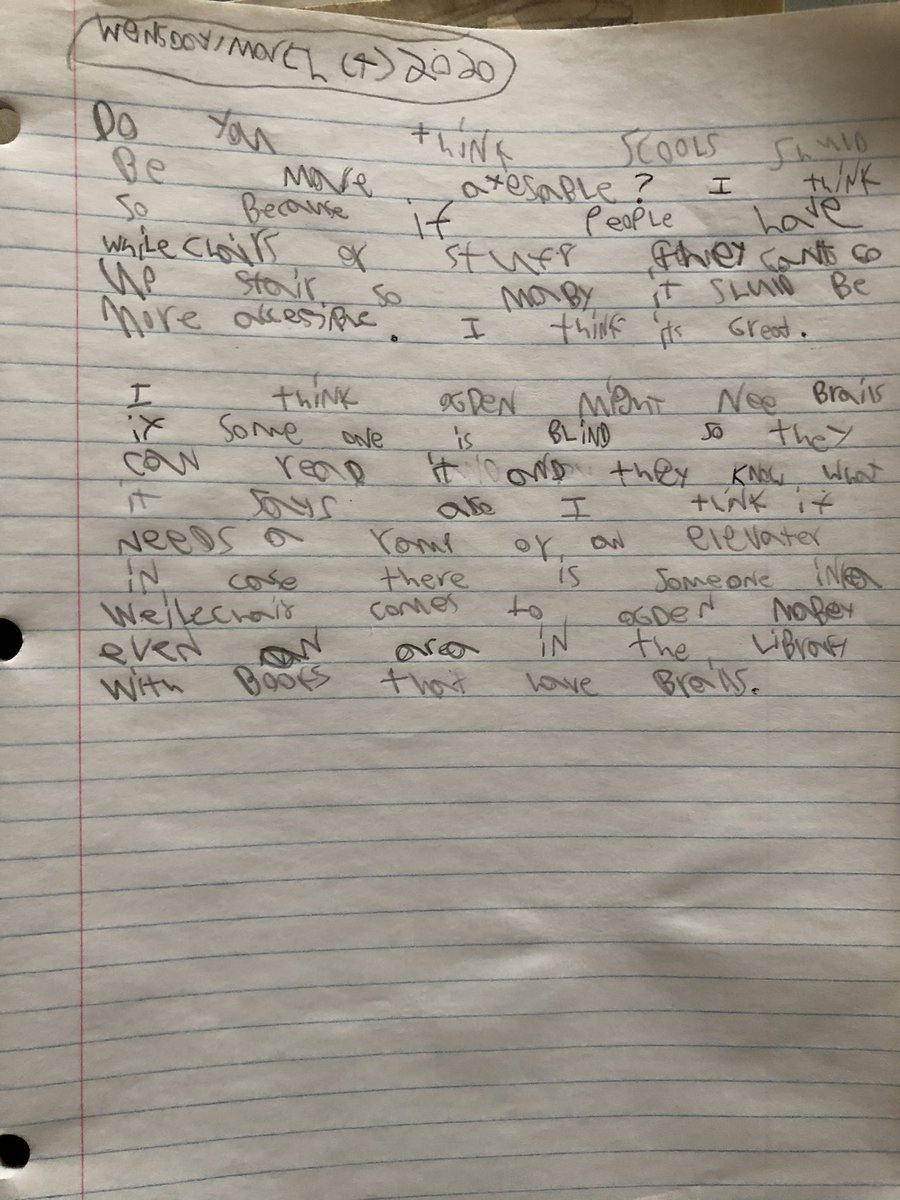 SuperOgden's tweet photo. This week, after reading a story that featured a character with a cane, Room 11 discussed accessibility. Students did some persuasive writing on how our school is currently accessible as well as how it could be more accessible. @TDSB_Ogden https://t.co/Uymcri4mJp