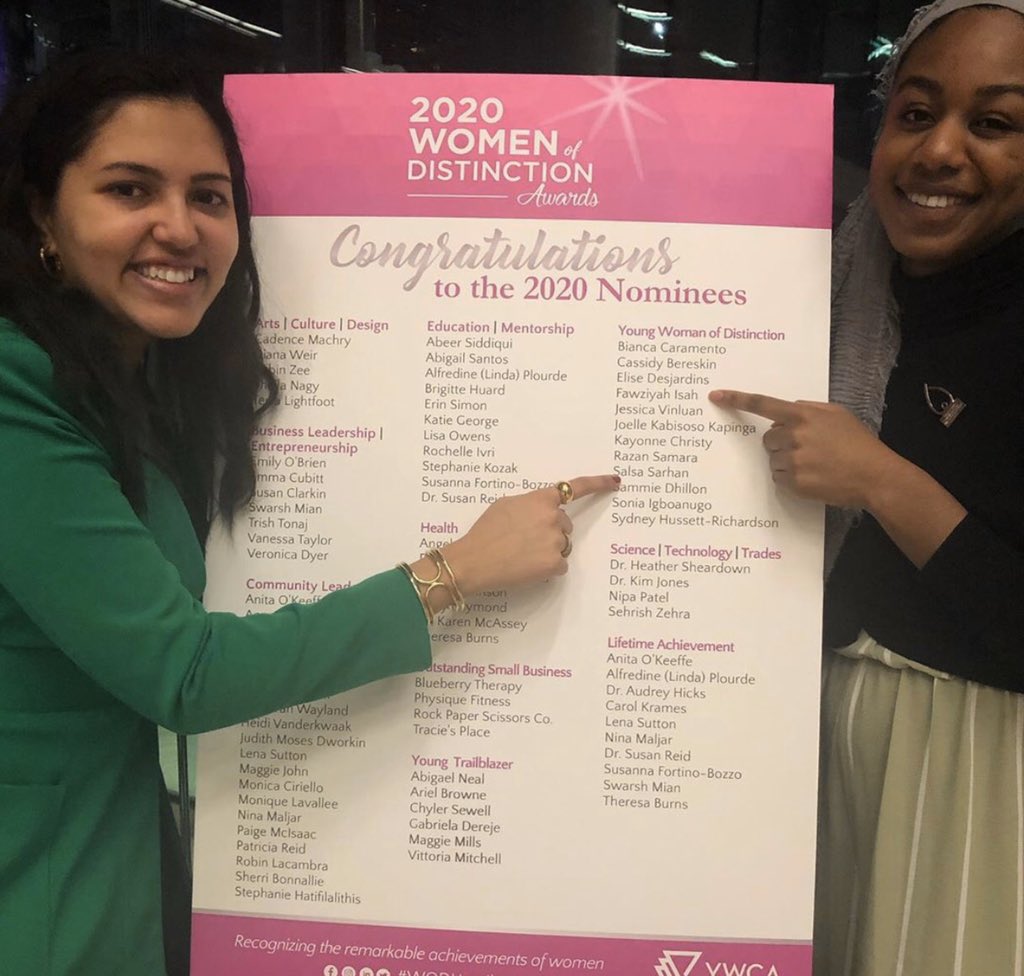 SRASocSci's tweet photo. Our very own Salsa Sarhan (SRA member) and Fawziyah Ali (AVP UA) are @YWCA_Hamilton WOMEN of distinction nominees!! #WODHamilton https://t.co/G8Qu7ifiqU