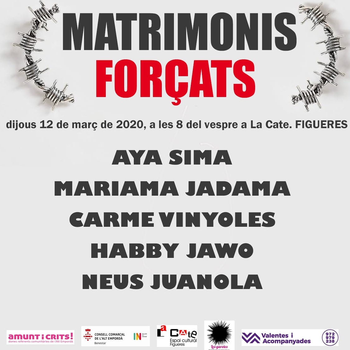 lesgarotes's tweet photo. El proper 12 de març participarem a l'acte sobre #matrimonisforçats que organitza el @GEESAltemporda a @LaCate_Figueres. S'hi parlarà de prevenció, detecció i abordatge dels matrimonis forçats. 
Hi participaran Amunt i Crits, @ViAcompanyades i @AEmpordainclou https://t.co/J7jD7KP3ZP