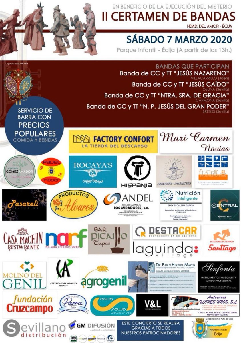 Mañana, por fin: nuestro II Certamen de Bandas, donde podremos disfrutar de los sones de:
- <a href="/nazarevillacarr/">BCT NAZARENO</a>
- <a href="/jesuscaidoosuna/">Jesús Caído Osuna</a>
- @BCTGraciaCarmo
- <a href="/BctGranPoderBre/">Bct granpoder brenes</a>

A partir de las 13:00 en el Parque Infantil. Tendremos servicio de barra con precios populares. ¡No te lo pierdas!