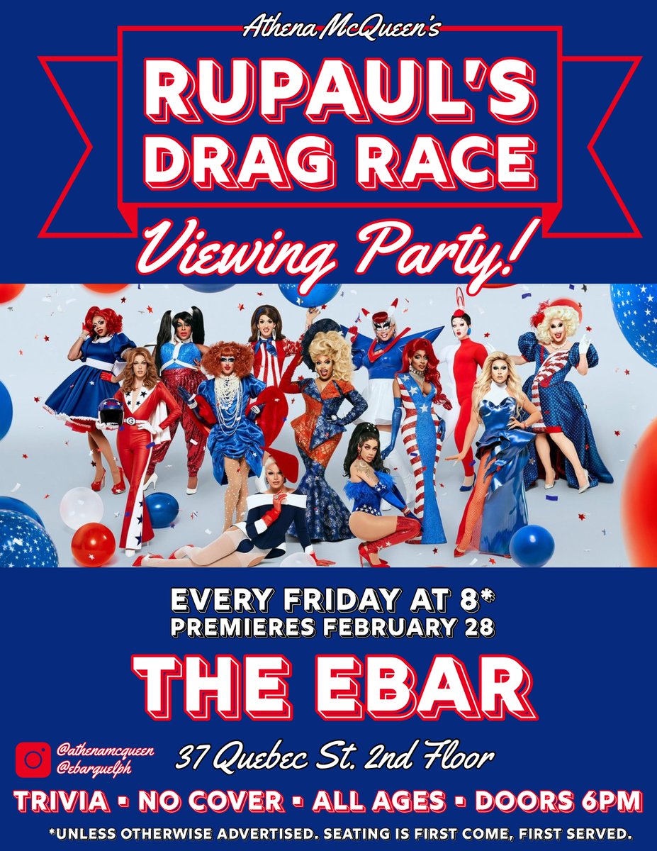 Tonight! Followed by the aftershow &amp; Queer-e-oke! 
Doors at 6pm
#downtownGuelph #Queereoke 
Hosted by your new best Judy @athenamcqueen 
#RuPaulviewingParty #RuPaulGuelph #rupaulsdragrace