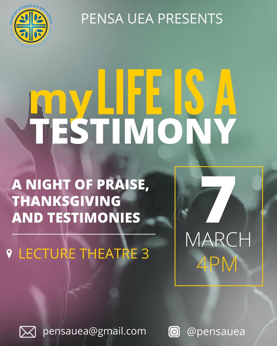 Tomorrow PENSA UEA has our first ever testimony and thanksgiving event #MyLifeisaTestimony 🔥 🔥
Don’t miss out on anything... be there and be ready with your testimony 🙌🏾🕊 Let’s see God move on this campus tomorrow 🙏🏾
Get your tickets here 🤩 eventbrite.co.uk/e/my-life-is-a…