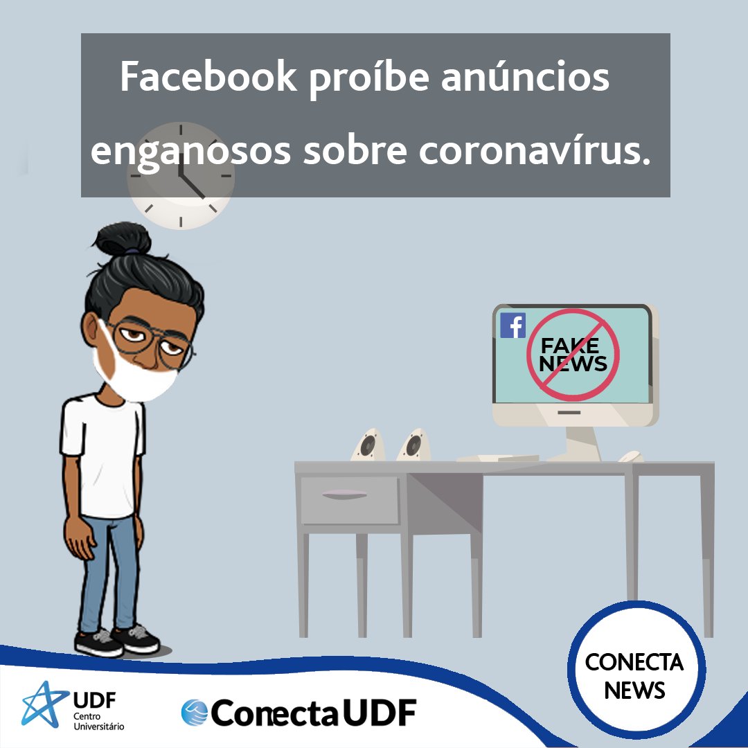 conectaudf's tweet photo. Oi gente! Vocês sabiam que o Facebook proibiu anúncios enganosos sobre o  coronavírus? Saiba mais: https://t.co/lqXuODEPF5 https://t.co/XfECSamrzq