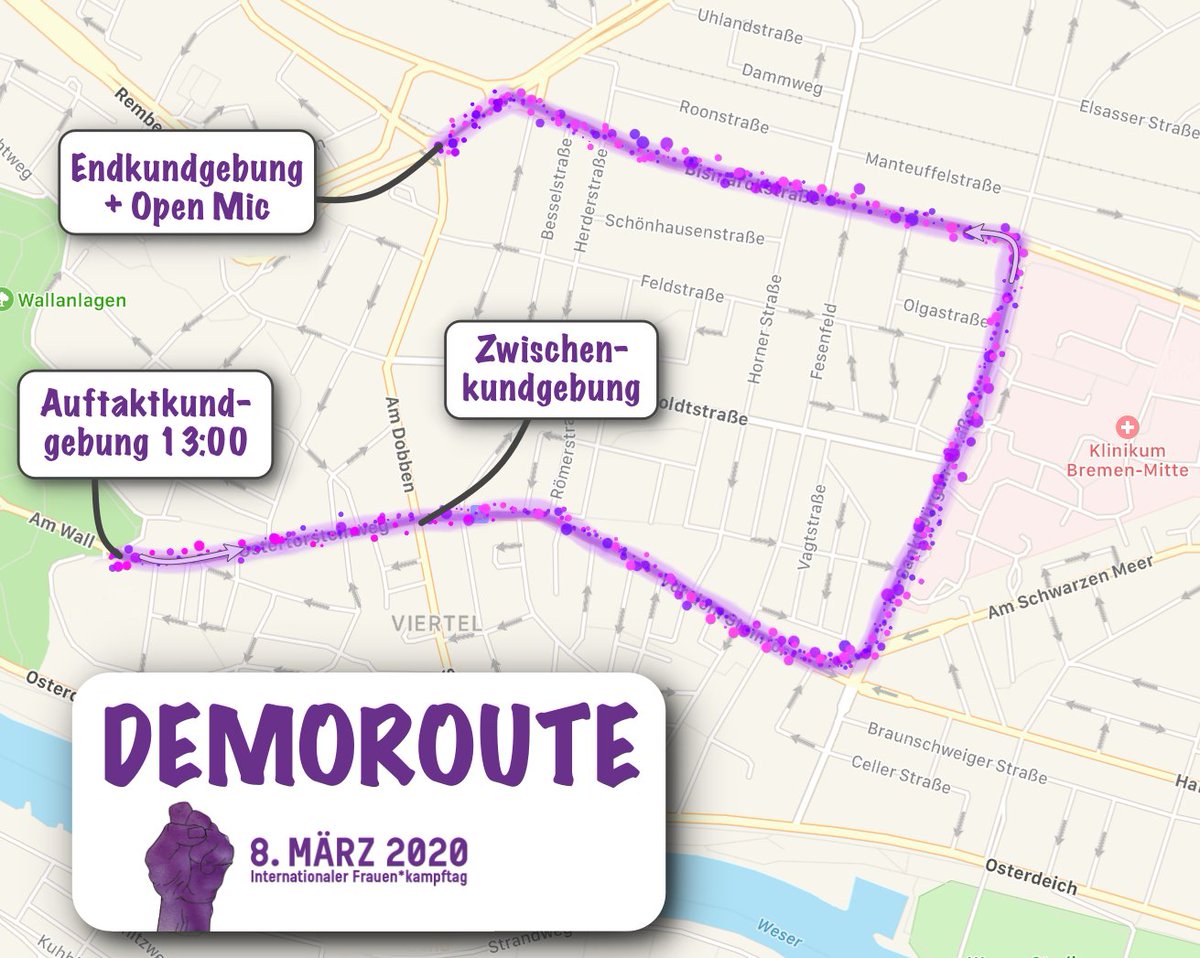 F_StreikBremen's tweet photo. Unsere Demo am #8Maerz nicht vergessen! Wir treffen uns um 13Uhr am Goetheplatz (oder ab 10Uhr schon im Noon zum #Streikfrühstück) und machen dann eine Runde um das Viertel (siehe Demoroute unten) mit verschiedenen Kundgebungen. Wir freuen uns auf eure Unterstützung!! https://t.co/2qSnEm3Y4g