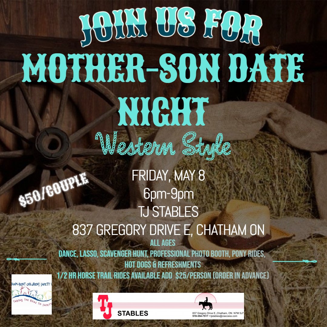 Friday, May 8th - great idea for a Mother's Day gift!! 

Tickets are $50 per Mother/Son, with each additional son just $10.
Go online to gigit to get tickets or call 226-229-0814 for any questions. Tickets on sale now!
lnkd.in/g6JQ8Hx

 TJ Stables, 
837 Gregory Drive E