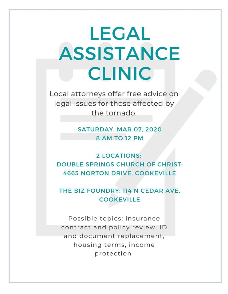 NashvilleBar's tweet photo. See below for information on legal assistance clinic tomorrow (Saturday) morning in Cookeville! #NashvilleStrong #NBAStrong https://t.co/U5KnFMqZZw