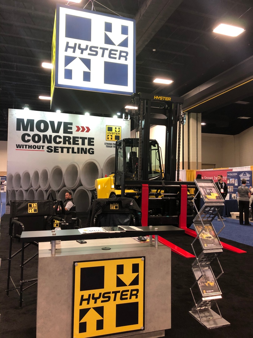 hysterco's tweet photo. Day 2 at The #PrecastShow 2020 is in full swing here in Fort Worth. Texas. Be sure to stop by booth 2123 and check out the redesigned front end on the Hyster H360. @NationalPrecast https://t.co/LmVSfZIEk9