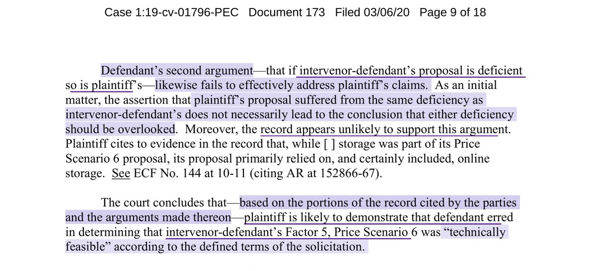 “based on the portions of the record cited..arguments made thereon—plaintiff is likely to demonstrate that defendant erred...intervenor defendant’s Factor 5, Price Scenario 6 was “technically feasible” according to the defined terms of the solicitation” https://ecf.cofc.uscourts.gov/doc1/01503643857?caseid=40037