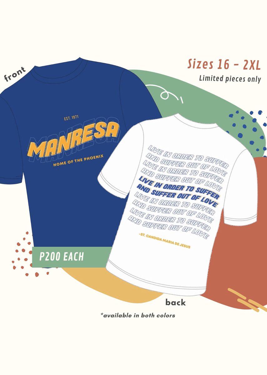 shstudentgov's tweet photo. 🗣WEAR YOUR MANRESAN PRIDE 

Get your Tatak Manresa Shirts now! Limited pieces only.

📌 P 200 EACH
📌 AVAILABLE IN BLUE &amp; WHITE
📌 LOCATED IN THE FIELD https://t.co/MR83hGlWpy