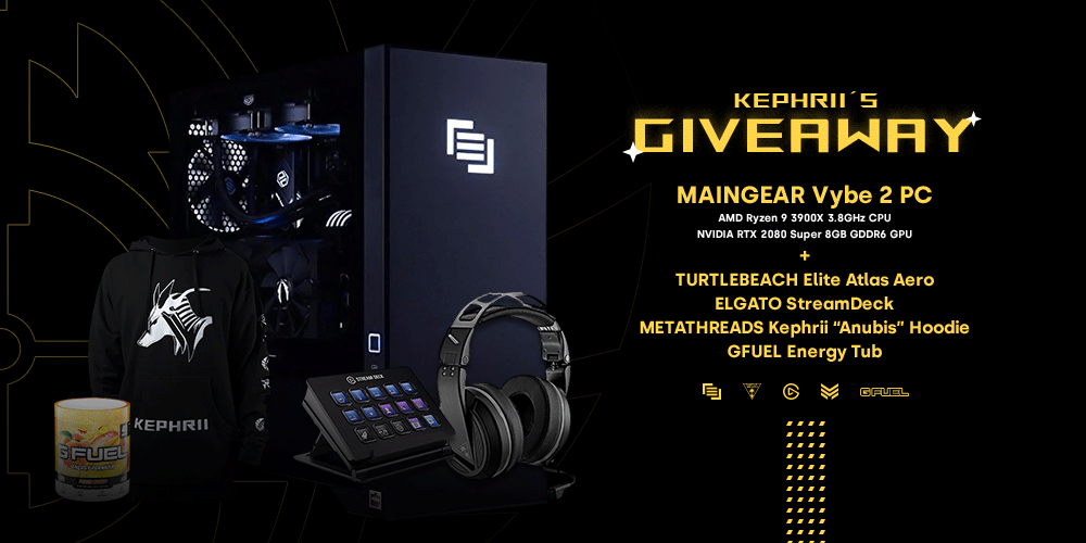 Kephrii's tweet image. Free to Enter! Bonus entries for Subs! GL :) 🧡

• MAINGEAR Vybe 2 PC!
⋆ Ryzen 9 3900X
⋆ RTX 2080 Super
⋆ 32GB DDR4 3200
⋆ 1TB NVMe SSD

• 1x Turtle Beach - Elite Atlas Aero
• 1x Elgato Stream Deck
• 1x Kephrii Anubis Hoodie
• 1x Tub of GFuel

gleam.io/KcXgo/gaming-p…