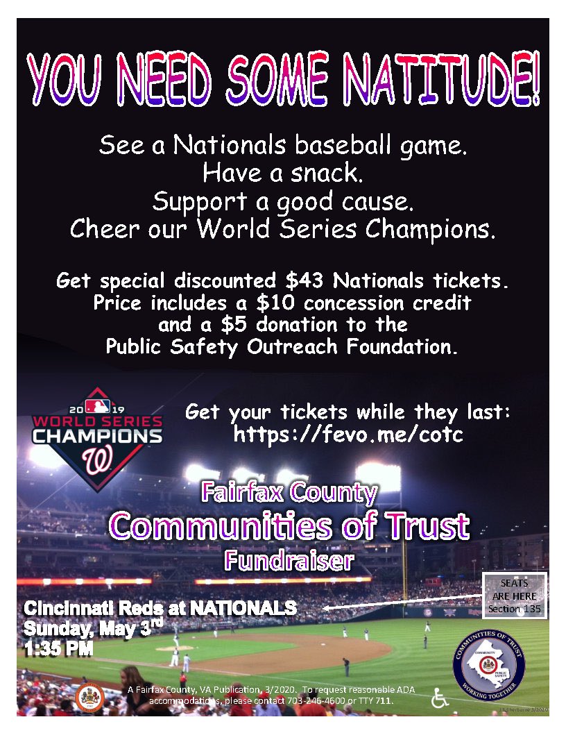fairfaxcot's tweet photo. Join us at the ballpark for the Washington Nats game on Sunday, May 3 @ 1:35 p.m. Tickets can be purchased at https://t.co/BSZ8DArkwc.  Please note that each $43 ticket contains a $10 concession credit for food and drink and a $5 donation to the Public Safety Outreach Foundation. https://t.co/55pxSCnGFt