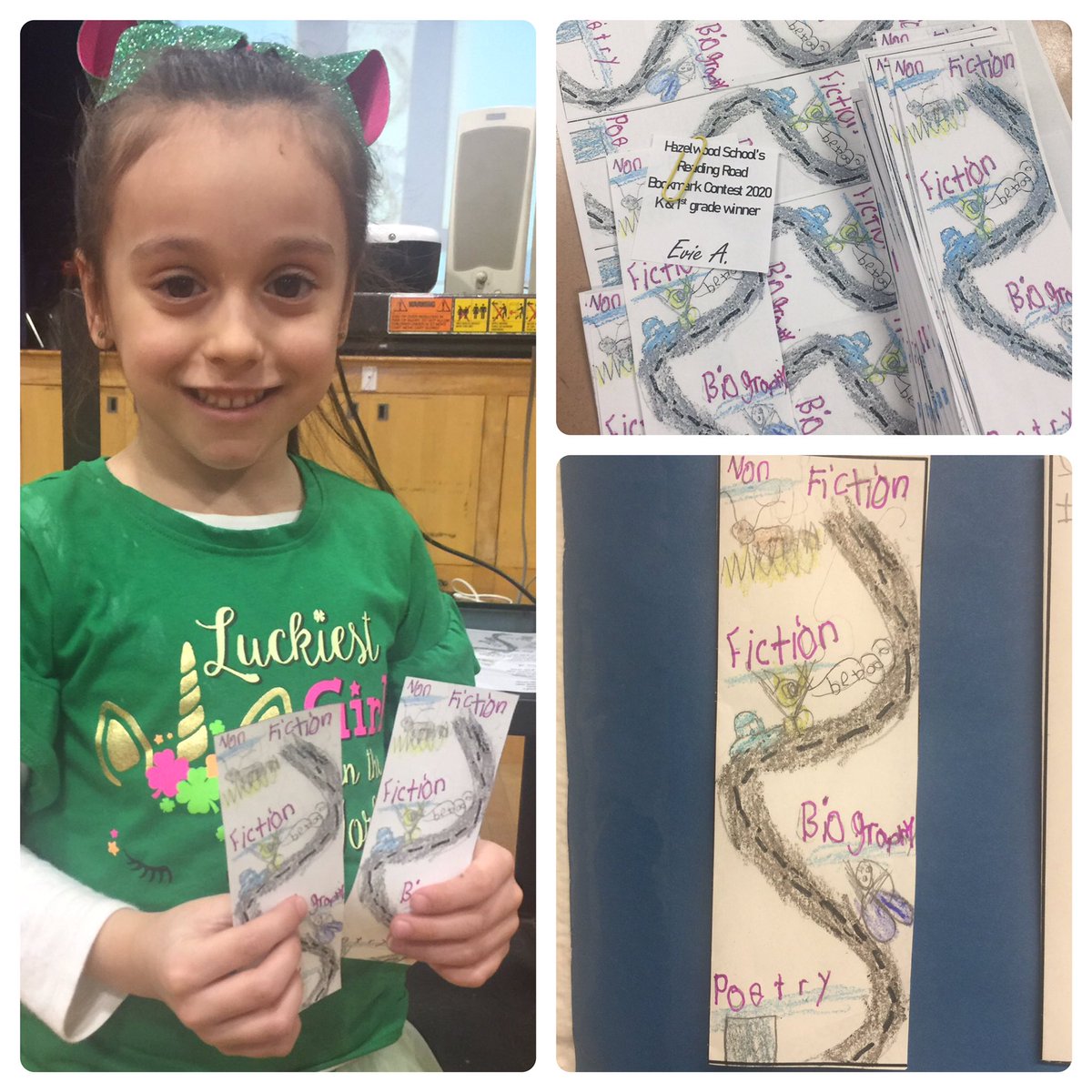 MsCerebe's tweet photo. Introducing our Reading Road Bookmark Contest Winners.... each had original artwork and created a design to go along with our reading road theme! The winning bookmarks have been reproduced &amp; ready to distribute on Monday! Congratulations 🎉 @Hwood_Pride #ReadAcrossAmerica https://t.co/I0annuzRlz