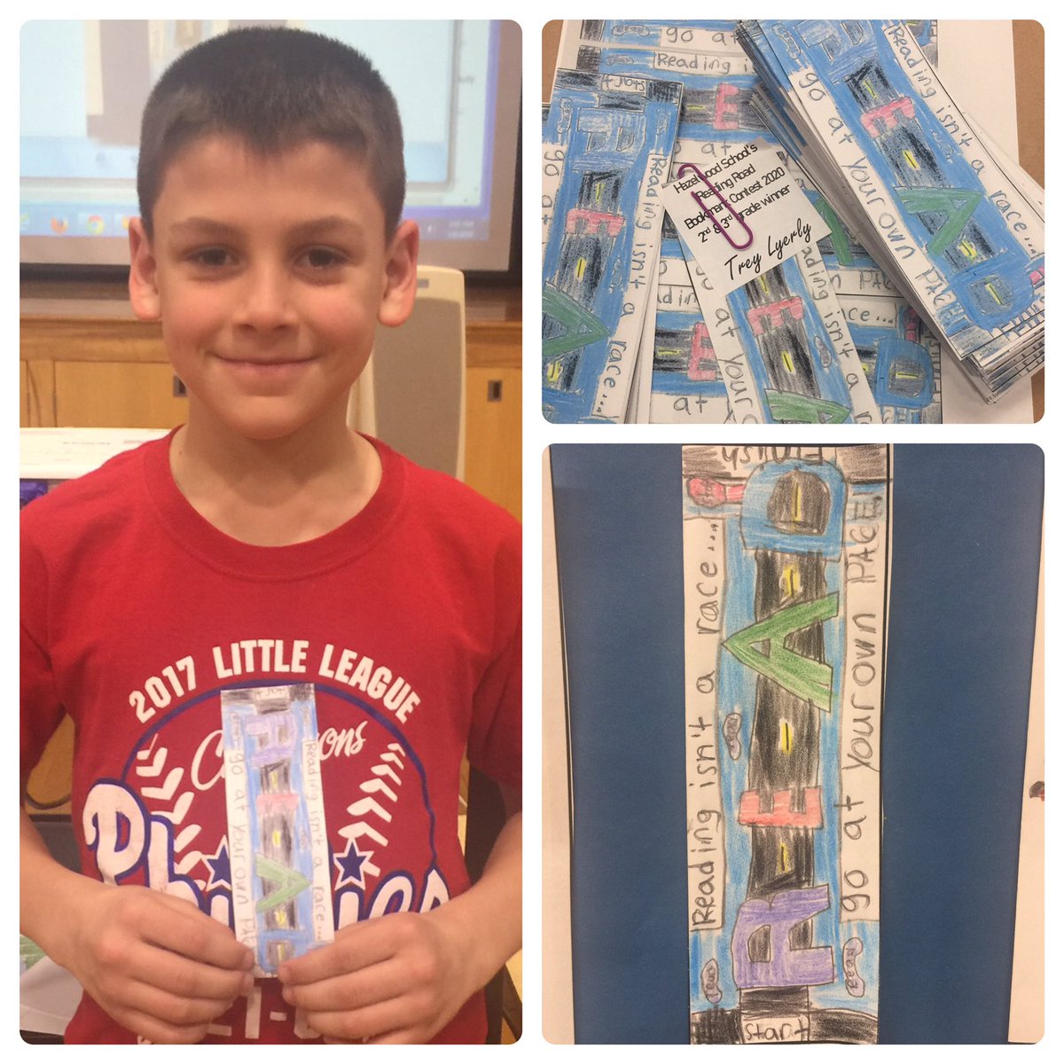 MsCerebe's tweet photo. Introducing our Reading Road Bookmark Contest Winners.... each had original artwork and created a design to go along with our reading road theme! The winning bookmarks have been reproduced &amp; ready to distribute on Monday! Congratulations 🎉 @Hwood_Pride #ReadAcrossAmerica https://t.co/I0annuzRlz
