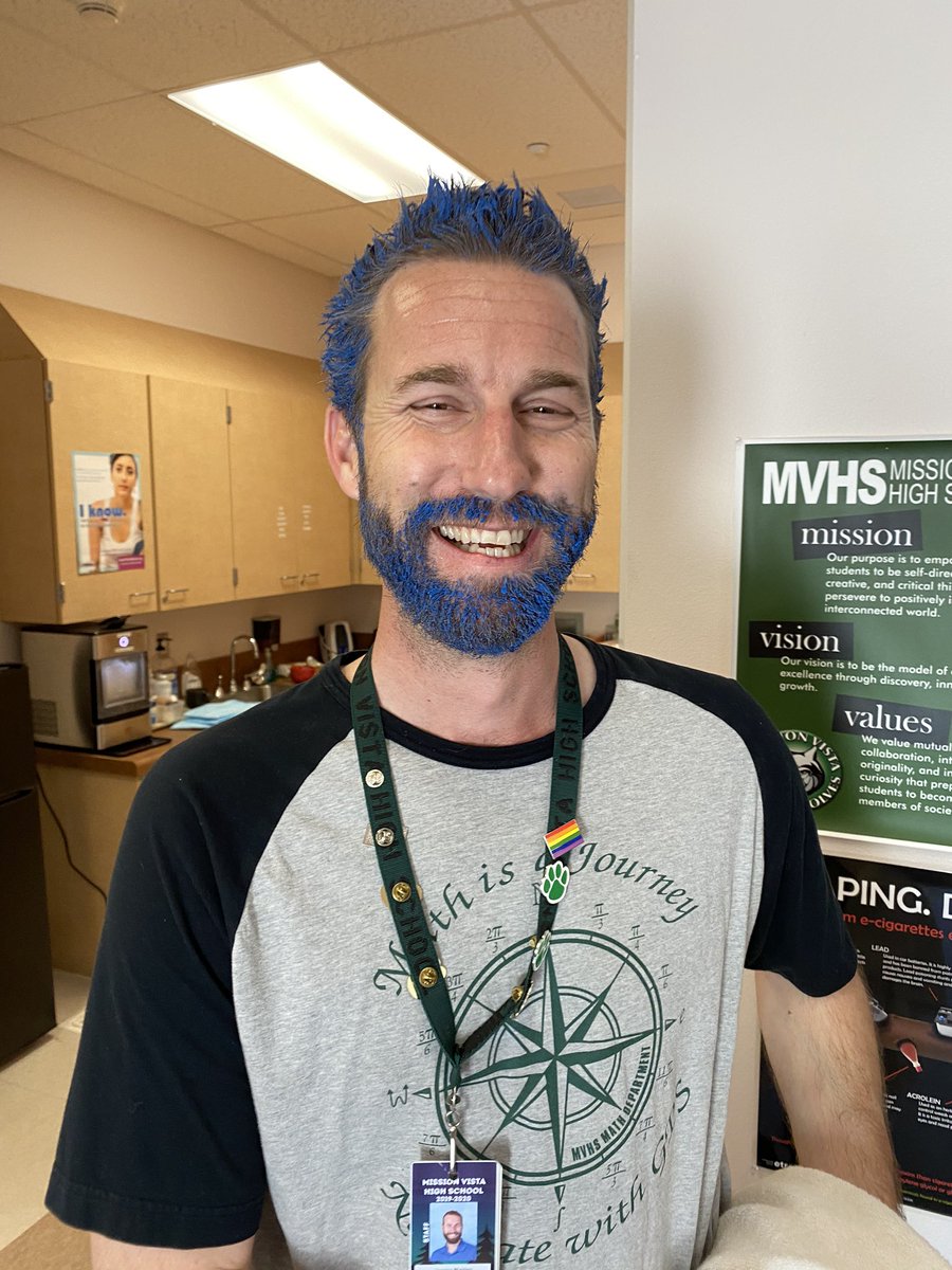 MVHS_Kenney's tweet photo. Huge Shoutout to Mr. Walden for dying his hair and beard blue in the name of VISTA’s Big Give!! Curious to see what other schools did on their sites? #biggive2020 https://t.co/pawaHjtQQf